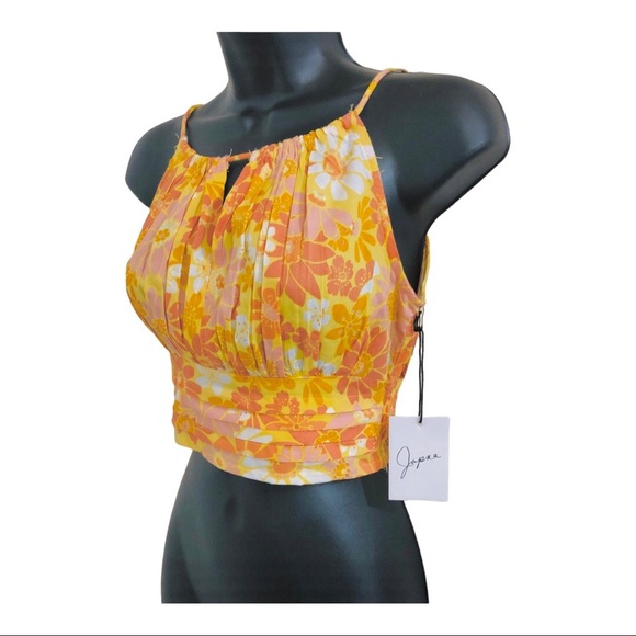 Orange multicolor shirred cutout bust tiered hem cropped halter top size XS new - Picture 2 of 12